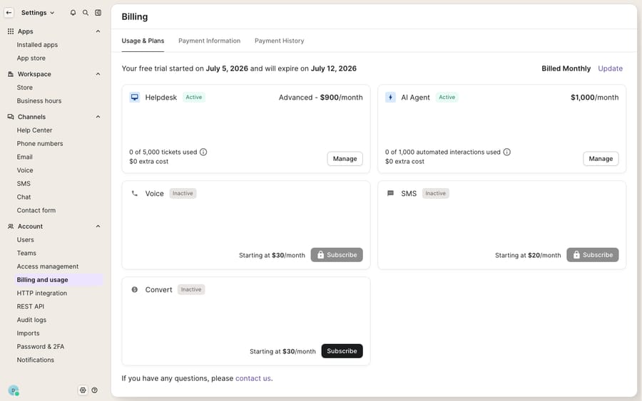 Gorgias Settings → Billing → Usage & Plans: the whole spend on one surface — Helpdesk (Advanced, $900/mo, 0 of 5,000 tickets used) plus AI Agent ($1,000/mo, 0 of 1,000 automated interactions used), with Voice, SMS and Convert as paid add-ons. This is the 'is it worth it' screen.
