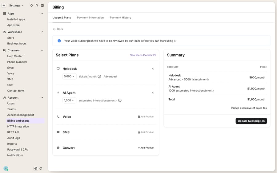 Gorgias Billing → Manage subscription: the plan surface you use to downgrade or drop products — each product row (Helpdesk, AI Agent) has a remove (×) control and 'Update Subscription' commits the change. There is no one-click 'cancel account' here; cancellation runs through adjusting/removing plans on this screen (contact-support for full account closure).