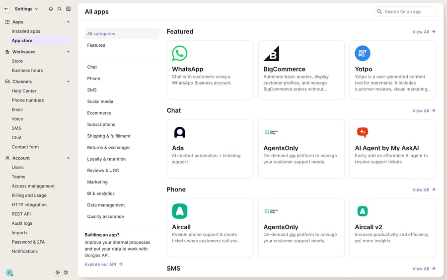 The Gorgias App Store / integrations directory (Featured, Chat, Phone categories — WhatsApp, BigCommerce, Yotpo, Ada, Aircall, AI Agent by My AskAI) with the full settings admin rail on the left — a representative admin-hub visual for a complaints/problems roundup.