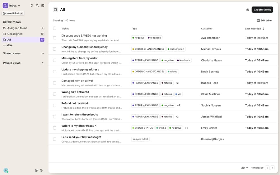 The Gorgias 'All' ticket inbox on a live ecommerce test account — order-change, return/exchange and WISMO tickets auto-tagged by intent — the ecommerce-native inbox Reddit threads weigh against Zendesk's broader helpdesk. (Chose the real inbox over the shared pricing shot as more representative.)