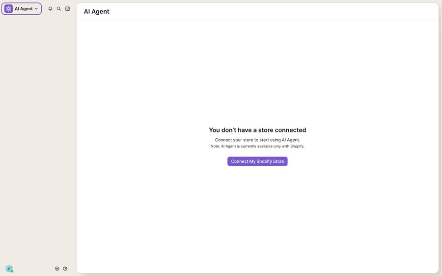 The native Gorgias AI Agent product surface (product switcher set to 'AI Agent'): on this test account it shows the enablement gate — 'Connect your store to start using AI Agent. Note: AI Agent is currently available only with Shopify' — the honest starting point of the AI Agent experience being reviewed.
