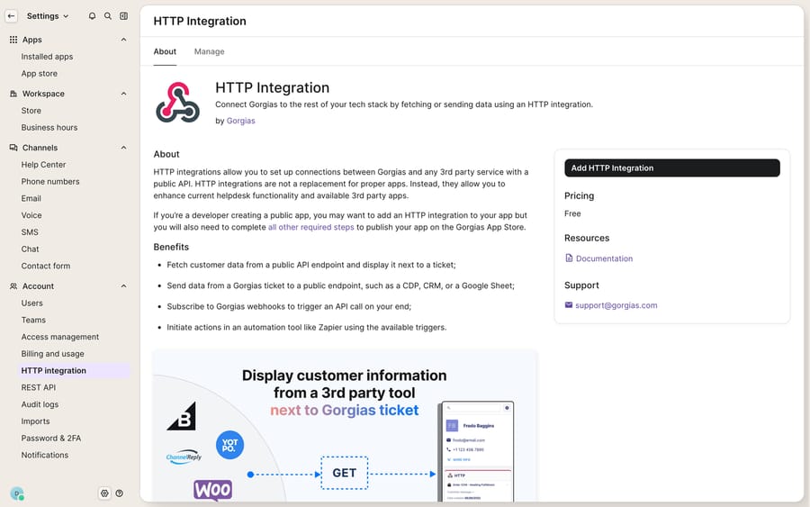 The Gorgias HTTP Integration page (Settings > HTTP integration) — the webhook surface. It describes sending/fetching data over HTTP and subscribing to Gorgias webhooks to trigger API calls, with an Add HTTP Integration action.