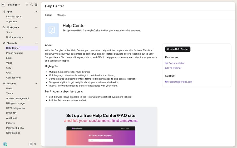 The Gorgias Help Center admin (Settings > Help Center), About/Manage tabs, with a Create Help Center action and a storefront preview of a branded self-serve FAQ site.