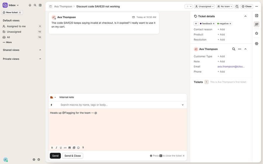 A ticket's Internal Note composer in Gorgias — the cream-colored internal note surface (labelled 'Internal note') with an @mention being typed, distinct from a customer-facing reply.