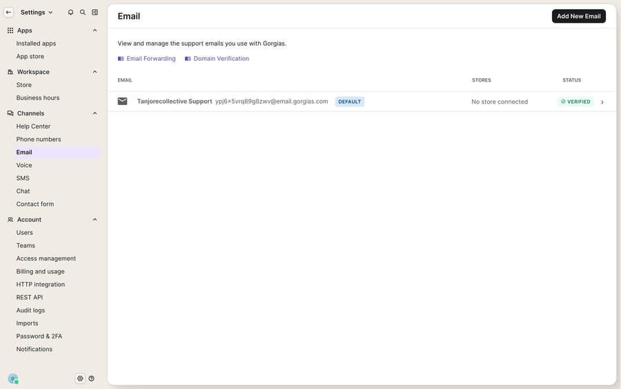 The Gorgias Channels settings, with the full channel list in the sidebar (Help Center, Phone numbers, Email, Voice, SMS, Chat, Contact form) and the Email channel open showing a verified support address.