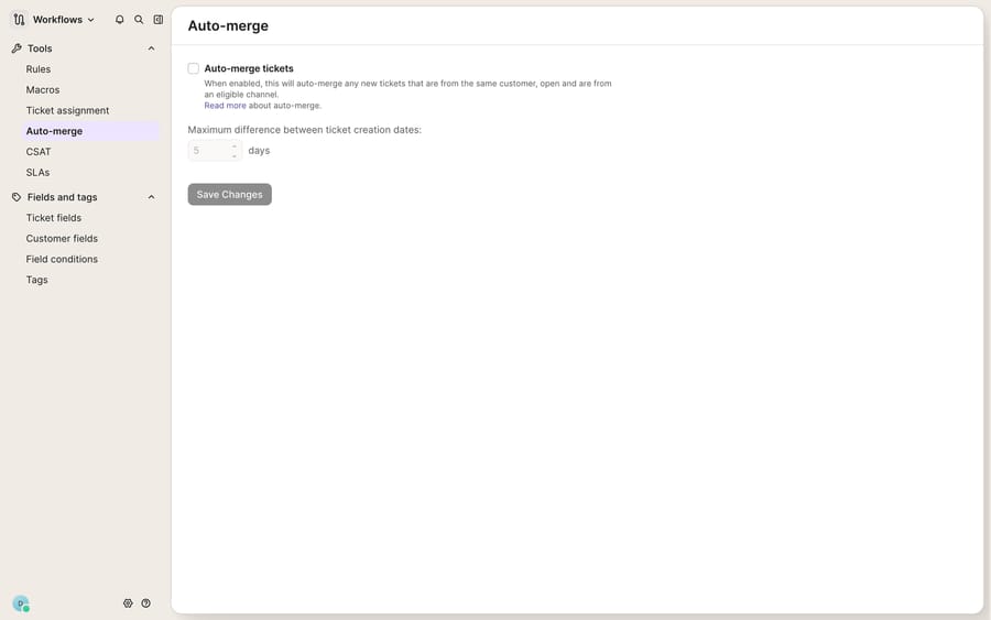 The Gorgias Auto-merge settings (Workflows > Tools > Auto-merge): an 'Auto-merge tickets' toggle that merges new tickets from the same customer on eligible channels, with a 'Maximum difference between ticket creation dates' (5 days) control — the duplicate-ticket handling surface.