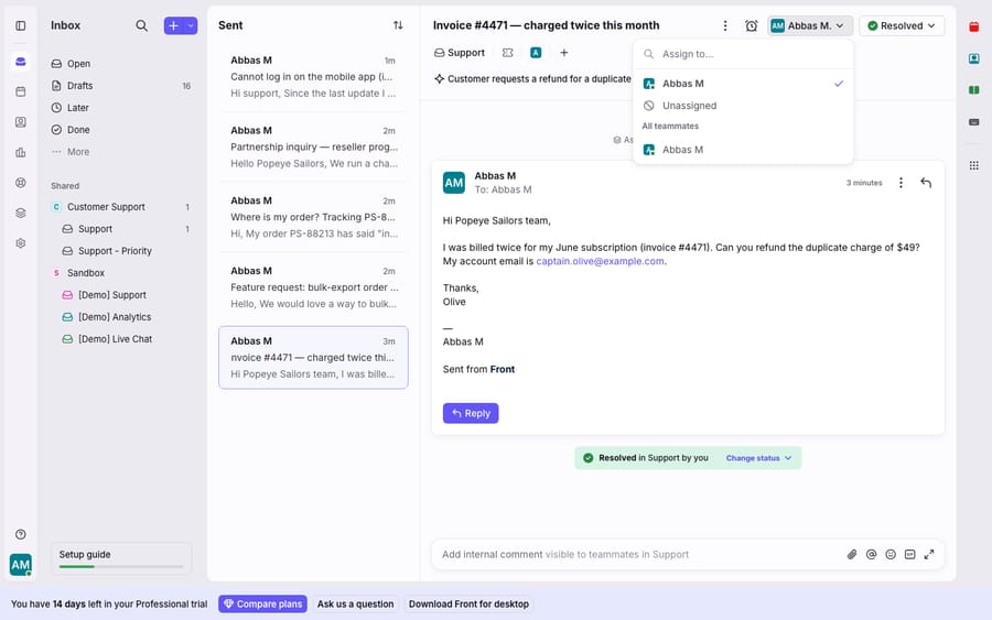 Front assignee picker: opening the Assign menu on a conversation shows the teammate list (Abbas M checked), an Assign to... search, and the Unassigned option — the manual assignment control in the conversation toolbar.