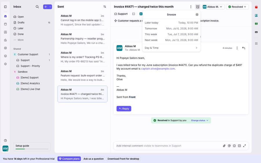 Front snooze menu on a conversation: preset reminders — Later today (10:00 PM), Tomorrow, This week, Next week — plus a custom Day & Time option to bring the thread back to the inbox at the chosen moment.