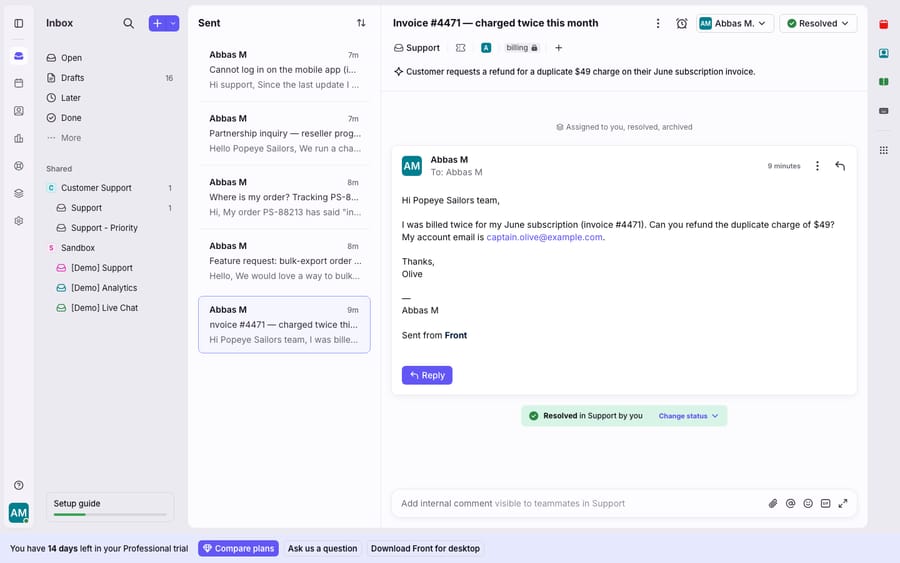 A Front conversation with its Tag field populated — the Support inbox label plus a newly applied private billing tag (lock icon) beside the + add-tag control. Secondary image: Settings > Tags manager listing all workspace tags (Reply goal at risk, Reply goal overdue, Urgent, VIP) with a Create tag button.