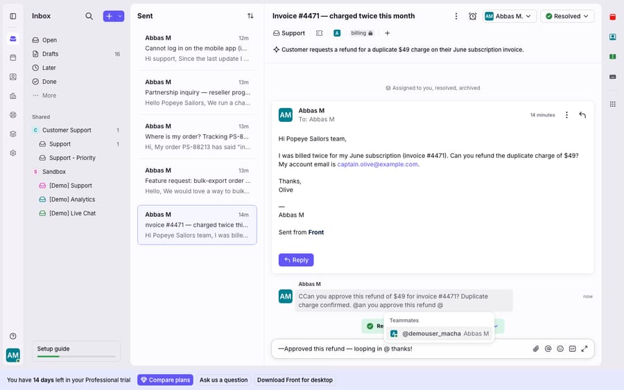 Front internal comment with an @mention: below the customer-facing Reply, a teammate-only comment thread. Typing @ in the comment composer opens the Teammates picker (@demouser_macha) to loop a colleague in privately — the note stays internal and is never sent to the customer.