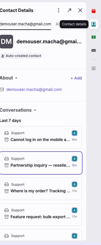 Front contact CRM sidebar on a conversation: the Contact Details panel shows the contact avatar, name and email, an Auto-created contact badge, an editable About section, and a Conversations history listing every past thread with this person — giving agents full context without leaving the inbox.