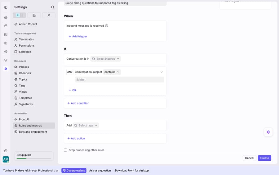 Front rule builder (Settings > Rules and macros): a linear WHEN > IF > THEN rule named Route billing questions to Support and tag as billing. WHEN an inbound message is received, IF the conversation is in a chosen inbox AND the subject contains a keyword, THEN add tags — with AND/OR logic and Add action/Add condition to extend it.