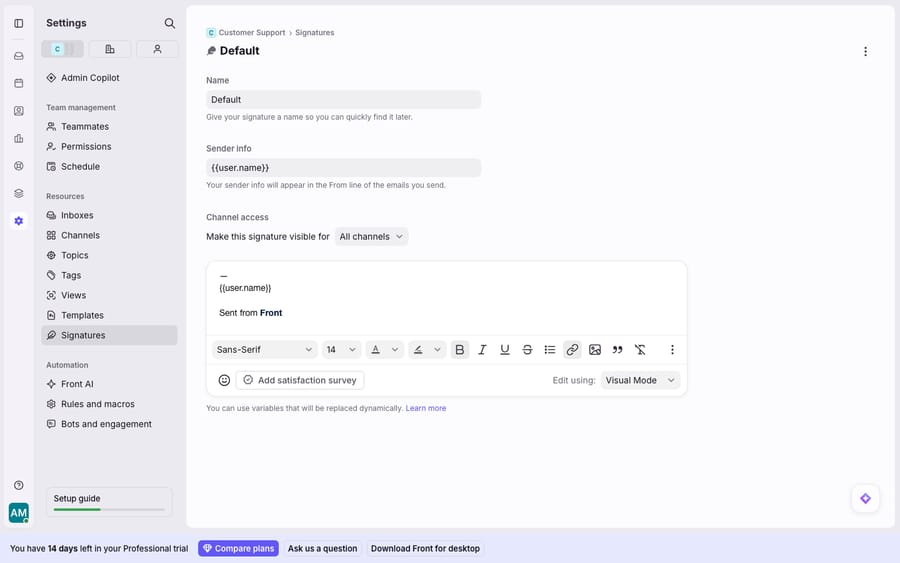 Front signature editor (Settings > Signatures): the Default signature with a Name, Sender info, Channel access control (Make this signature visible for All channels), and a rich-text body using the {{user.name}} variable so each teammate sends the right signature automatically. Visual Mode / HTML toggle included.