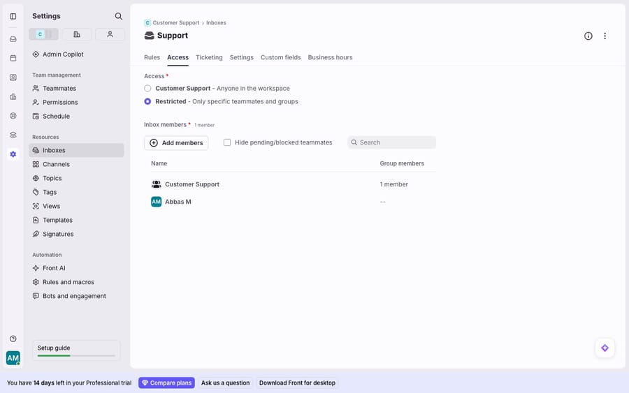 Front team/shared inbox membership (Settings > Inboxes > Support > Access): Access can be open to Anyone in the workspace or Restricted to specific teammates and groups, with an Inbox members list (the Customer Support group + Abbas M) and an Add members control. Secondary image: the Inboxes list showing each shared inbox, its channels, and access (1 group, 1 teammate) — distinct from a teammates individual Open/Drafts/Done inbox.