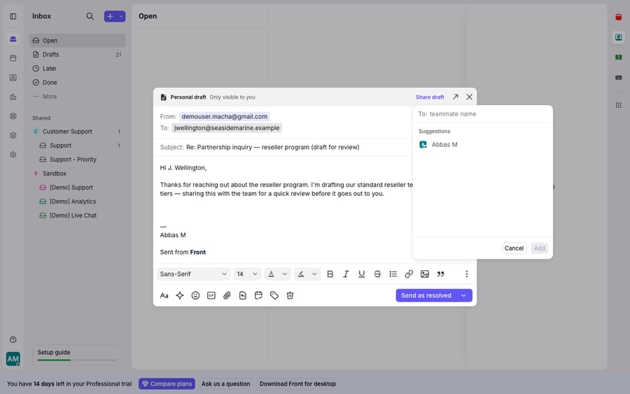 Front shared drafts: a fully composed reply draft (marked Personal draft — Only visible to you) being handed off via the Share draft link. The share panel lets you pick a teammate (Suggestions) so a colleague can review or co-edit the reply before it is sent — turning a solo draft into a collaborative one. Note: this single-seat trial workspace only has one teammate (Abbas M), so the share could be opened but not completed to a second reviewer.