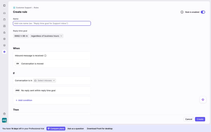 Front's SLA / response-time-target rule builder (Settings > Rules > 'Set reply time goal' recipe): a Reply time goal of 0002h 00m 'regardless of business hours', a When trigger (inbound message received or conversation moved), If conditions (conversation is in selected inboxes AND no reply sent within the goal), and Then actions to flag an SLA breach and notify. This rule-based reply/resolution-time target is how SLAs are enforced on Front's standard plans.