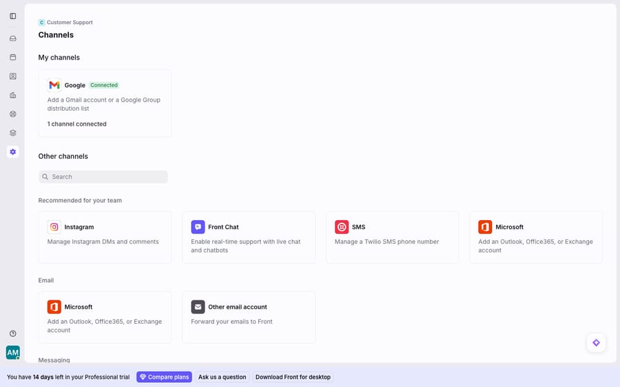 Front's Channels settings overview (Settings > Channels). 'My channels' shows a connected Google/Gmail channel (1 channel connected); 'Other channels' lists everything you can add - Instagram, Front Chat (live chat + chatbots), SMS via Twilio, Microsoft/Outlook, generic email forwarding, and messaging channels below the fold - so email, chat, SMS and social all live in one place.