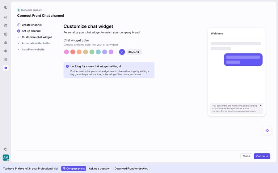 Front Chat widget setup (Settings > Channels > Front Chat > Set up channel > Customize chat widget). A theme-color picker (here #6257f4) with a live preview of the 'Welcome' chat widget on the right - including the 'Popeye Sailors' monitoring-consent notice - plus the remaining setup steps: Automate with chatbot and Install on website.