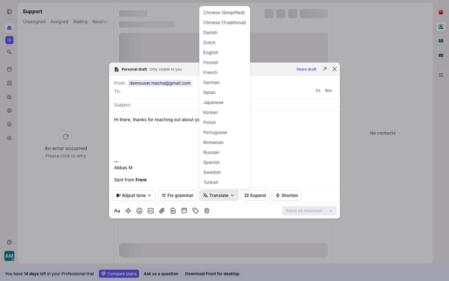 Live translation in the Front composer: while drafting a reply ('Hi there, thanks for reaching out about your order.'), the AI-assist row (Adjust tone, Fix grammar, Translate, Expand, Shorten) exposes a Translate dropdown listing target languages - Chinese (Simplified/Traditional), Danish, Dutch, English, Finnish, French, German, Italian, Japanese, Korean, Polish, Portuguese, Romanian, Russian, Spanish, Swedish, Turkish and more - so an agent can translate the outgoing message in one click.