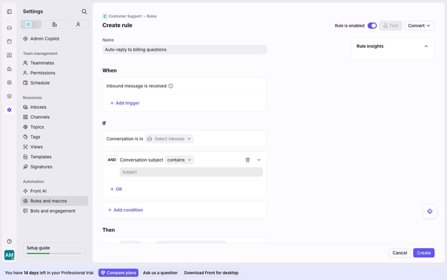Building a rule from scratch in Front's linear rule editor: the named rule "Auto-reply to billing questions" with its WHEN (Inbound message is received), IF (Conversation is in a selected inbox AND Conversation subject contains) and THEN blocks laid out top to bottom.