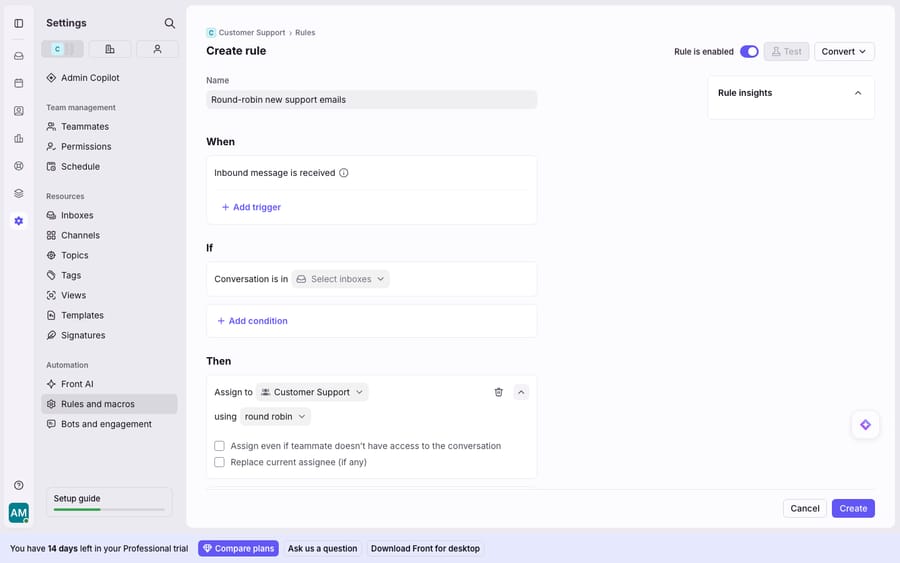 Configuring round-robin assignment in a Front rule: the THEN action "Assign to Customer Support using round robin", with the distribution-method dropdown set to round robin and the load-balancing options (assign even without access, replace current assignee) exposed.