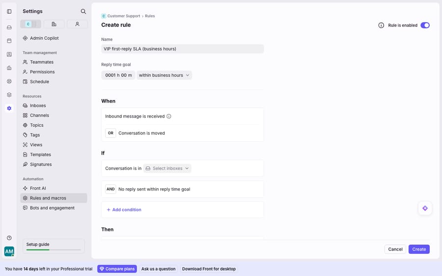 Configuring a first-reply SLA in Front: a "Reply time goal" of 1h set to count "within business hours", triggered when an inbound message arrives, with the breach condition "No reply sent within reply time goal" that drives the escalation in the Then block.