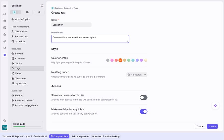 Creating a new tag in Front's Tag manager: the "Create tag" form with a name (Escalation), description, a color swatch selected under Style, the "Nest tag under" parent-tag option, and the Access toggles (show in conversation list, make available for any inbox).