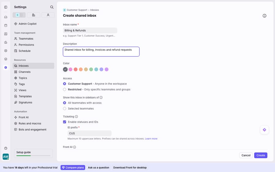The "Create shared inbox" onboarding step in Front: naming a team inbox (Billing & Refunds), setting its color, choosing access (anyone in the workspace vs restricted), sidebar visibility and ticketing options (statuses & IDs with an ID prefix) before connecting a channel.