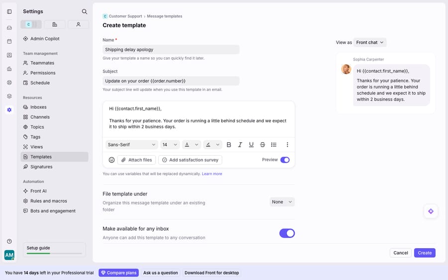 Creating a message template in Front: the template editor with a name, a subject and body using dynamic variables ({{order.number}}, {{contact.first_name}}), the "File template under" folder selector, the make-available-for-any-inbox toggle, and a live preview of the rendered message.