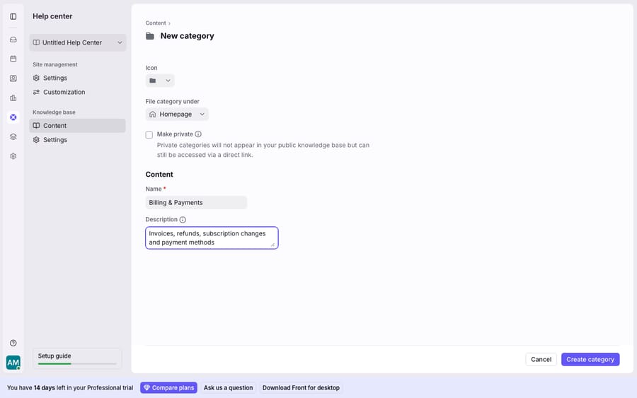 Structuring a Front knowledge base: the "New category" form (reached via Add > Add category in the Help center) with an icon, the parent placement "File category under Homepage", a public/private toggle, and a named category (Billing & Payments) ready to be created.