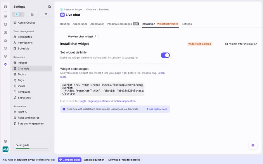 The Installation tab of a Front Chat channel: the "Install chat widget" step showing the widget-visibility toggle and the copyable JavaScript embed snippet (window.FrontChat('init', {chatId: ...})) to paste before the </body> tag, plus single-page-app / mobile instructions. Badge shows the widget is not yet installed.