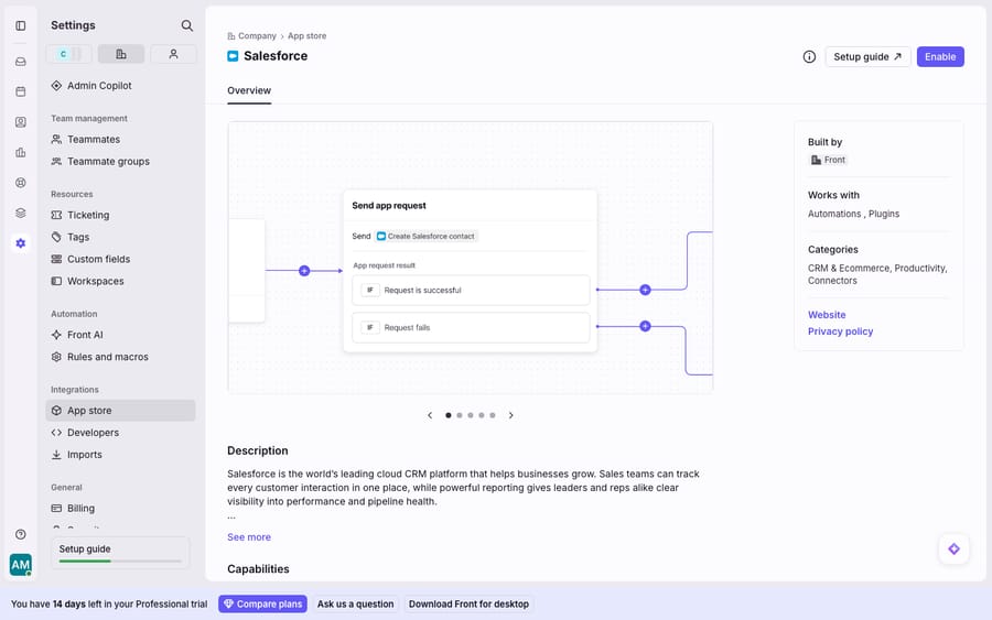 The Salesforce integration in Front's App Store — the Overview/connect page (Built by Front; works with Automations & Plugins; CRM & Ecommerce category), with the Enable button to start the connection. This is the App-Store connect page, not a populated two-way Salesforce sync.
