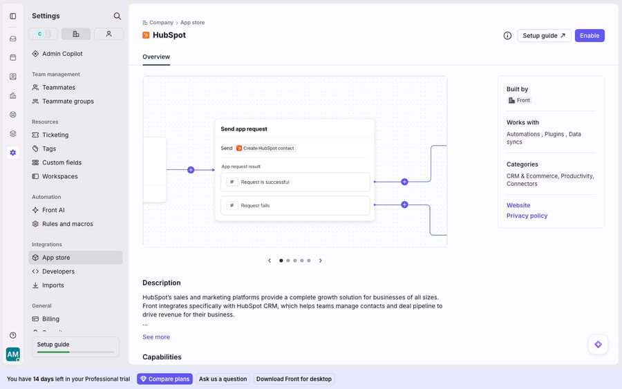 The HubSpot integration in Front's App Store — the Overview/connect page (Built by Front; works with Automations, Plugins & Data syncs; CRM & Ecommerce category), with the Enable button. This is the App-Store connect page; the two-way HubSpot CRM sync is configured after enabling, not shown populated here.
