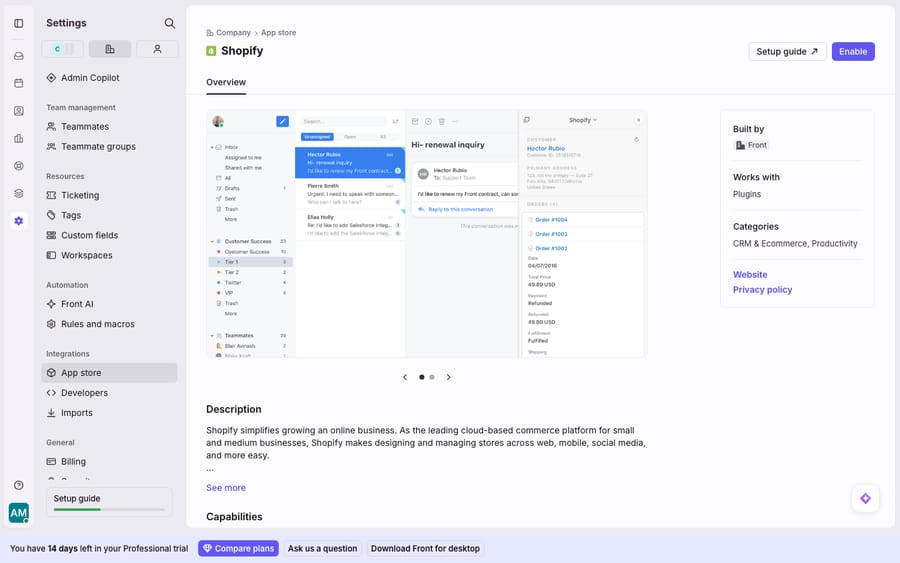 The Shopify integration in Front's App Store — the Overview/connect page (Built by Front; works with Plugins; CRM & Ecommerce category) with the Enable button, previewing the Shopify order/customer sidebar Front surfaces on conversations. This is the App-Store connect page, not a live store sync.