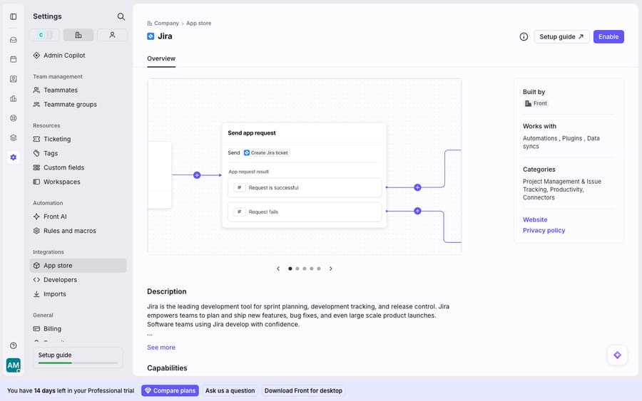 The Jira integration in Front's App Store — the Overview/connect page (Built by Front; works with Automations, Plugins & Data syncs; Project Management & Issue Tracking category) with the Enable button. This is the App-Store connect page, not a page with real linked Jira issues.