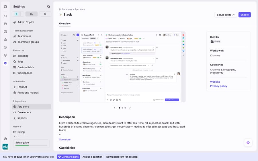 The Slack integration in Front's App Store — the Overview/connect page (Built by Front; works with Channels; Channels & Messaging category) with the Enable button, previewing Slack conversations handled inside Front. This is the App-Store connect page, not a live connected Slack workspace.