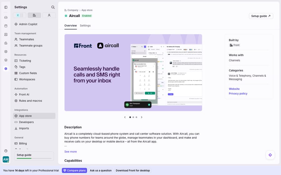 The Aircall integration in Front's App Store — the Overview page (Built by Front; works with Channels; Voice & Telephony, Channels & Messaging category). Aircall shows an 'Enabled' badge and an extra Settings tab in this trial account, i.e. the app is already connected. Full call/SMS-in-inbox config lives under that Settings tab.