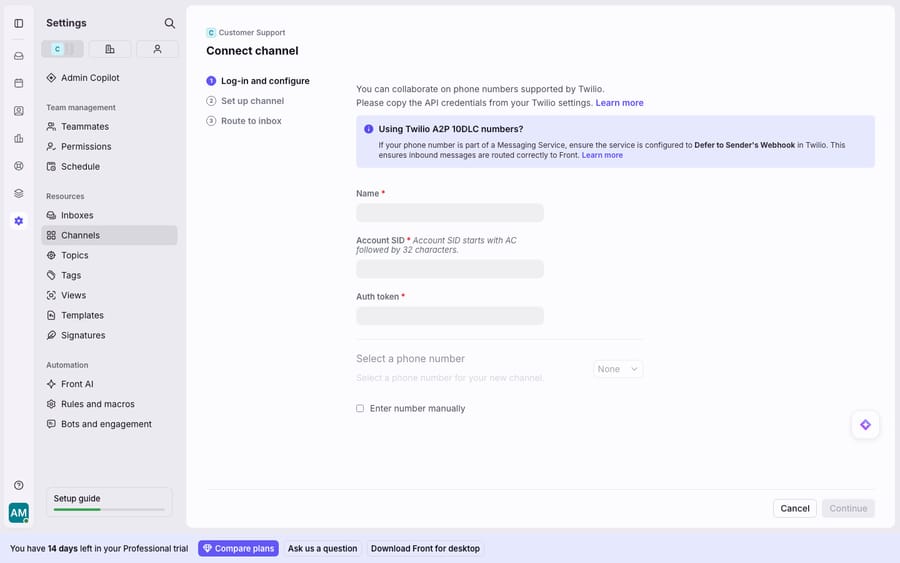 Front's 'Connect channel' wizard for an SMS channel via Twilio (Settings > Channels > SMS) — the Log-in and configure step with Name, Twilio Account SID, Auth token, and phone-number fields, plus the A2P 10DLC / Defer to Sender's Webhook note. Represents the social/SMS channel-connect flow (Instagram, Facebook, and WhatsApp connect via similar wizards). This is the in-app connect form, not a live-messaging channel.