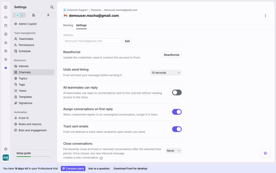The connected Gmail channel's Settings tab in Front (Settings > Channels > demouser.macha@gmail.com > Settings), showing the Reauthorize button used to fix a broken sync/OAuth connection, Undo send timing, and mailbox-level toggles. This is the channel health/sync-settings surface, not a reproduced sync failure (the account is healthy).