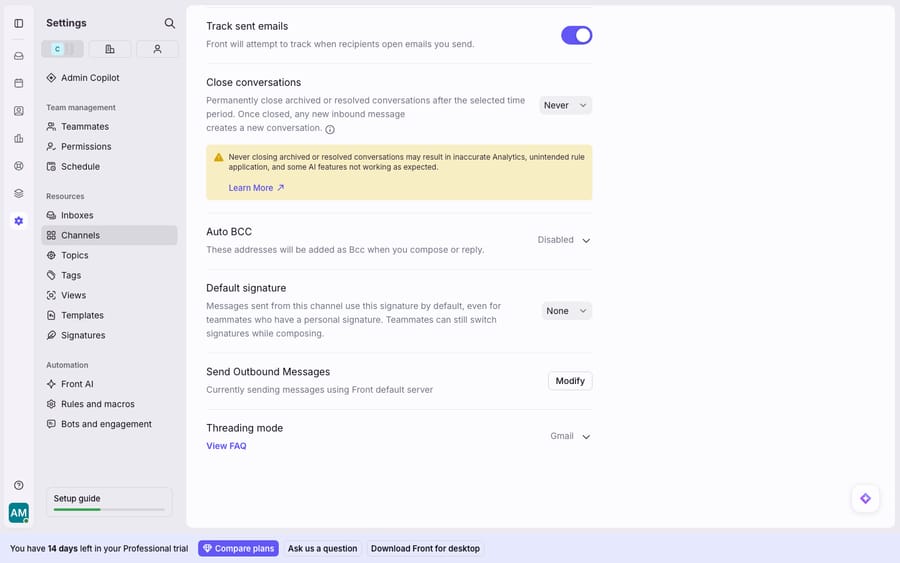 Lower half of the Gmail channel Settings tab, showing the Close conversations setting (set to Never) with Front's warning that never closing conversations lets new inbound messages reopen threads, plus the Threading mode (Gmail) and Send Outbound Messages controls. These are the exact settings that cause conversations to reopen; shown here as the settings surface, not a reproduced reopening incident.