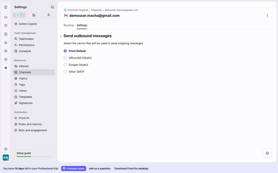 The Send outbound messages panel for the Gmail channel (Settings > Channels > channel > Settings > Send Outbound Messages > Modify), where you choose the sending server: Front Default, Office365 OAuth2, Google OAuth2, or Other SMTP. Sending through your own authenticated provider (with proper SPF/DKIM) rather than Front's default server is the key deliverability lever for staying out of spam. This is the sending/deliverability config surface, not a reproduced spam-folder result. Note: the company Security > Deliverability (custom-domain DKIM/SPF verification) tab was empty ('No domains') because this trial uses a Gmail channel with no custom send domain.