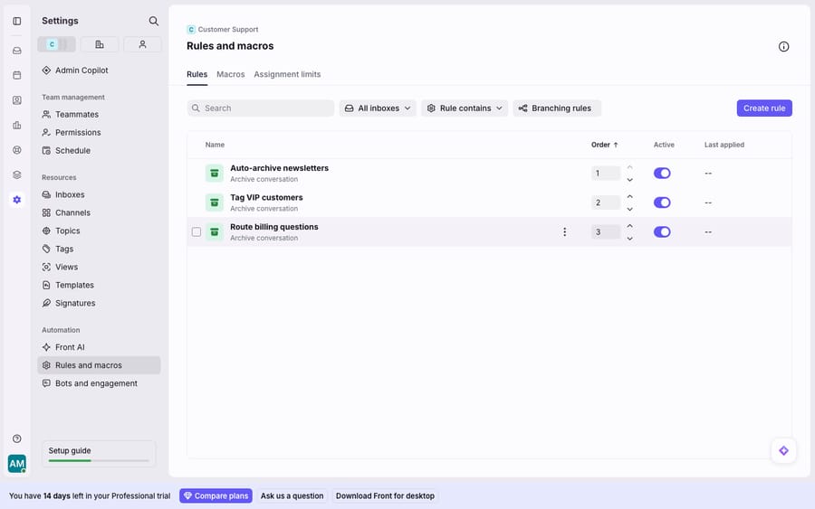 The Rules list (Settings > Rules and macros) with three real rules created for this capture, showing the debugging columns that matter most: Order (1, 2, 3) with up/down reorder arrows, per-rule Active toggles, and a Last applied column. Rule order and the Active toggle are the two most common reasons a rule appears not to fire.