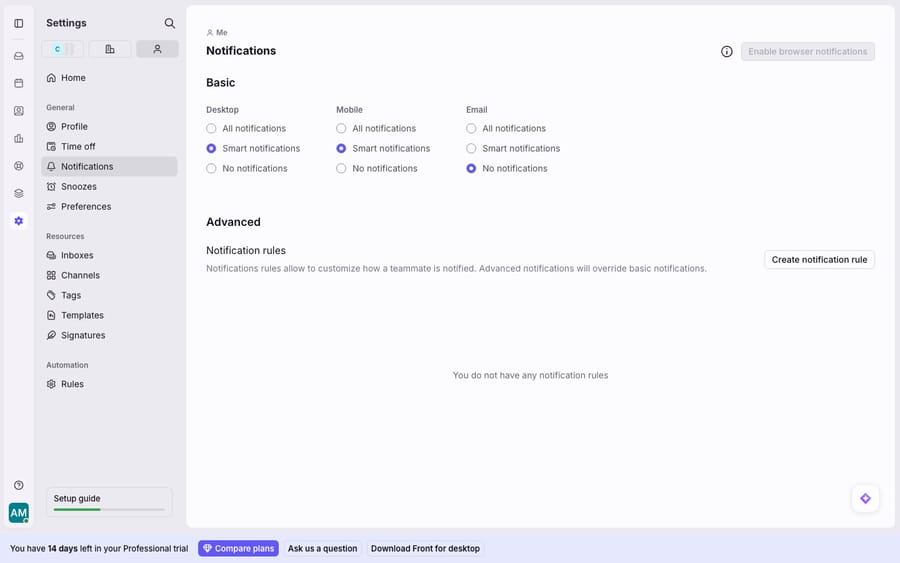 Personal Notification settings (Settings > Me > Notifications), showing the Desktop, Mobile, and Email notification levels (All / Smart / No notifications), the disabled 'Enable browser notifications' button, and the Advanced notification-rules section. Here Email is set to 'No notifications' and browser notifications are not enabled - two real, common causes of missing notifications - shown on the actual settings surface rather than a reproduced failure.