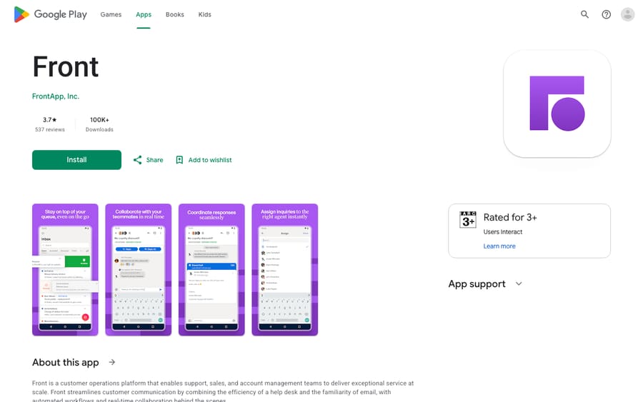 The official Front app listing on the Google Play Store (com.frontapp.mobile), showing the current rating (3.7 stars, 537 reviews), 100K+ downloads, Install button, and app screenshots. Captured from the public store page in a fresh browser context - there is no physical device in this environment, so this is the store/update surface rather than an on-device error.