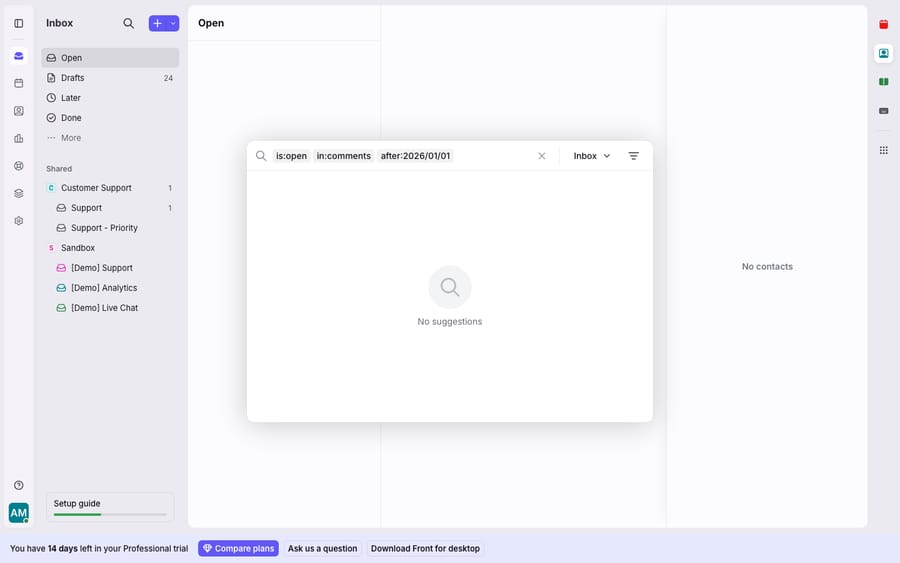 Front's global search bar with advanced operators parsed into chips: is:open, in:comments, and after:2026/01/01, alongside the inbox-scope dropdown and the advanced-filter icon. This shows the operator/filter syntax people rely on when search isn't returning expected results.