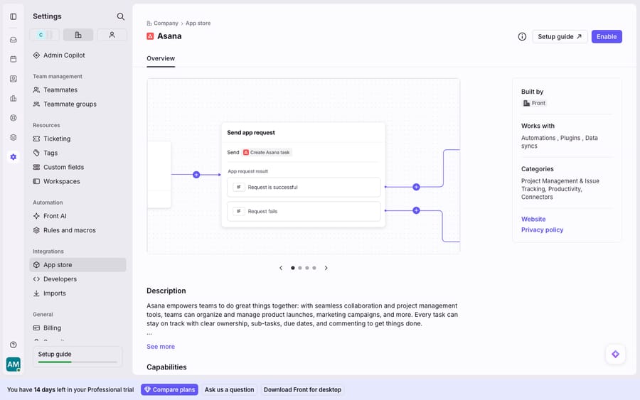An integration detail page in the Front App store (Company > App store > Asana), showing the Enable/connect control and the integration's capabilities (plugins, Connectors, data syncs). This is the install/re-auth/settings surface you return to when an integration needs reconnecting; the account is healthy, so no disconnected/error banner is shown.