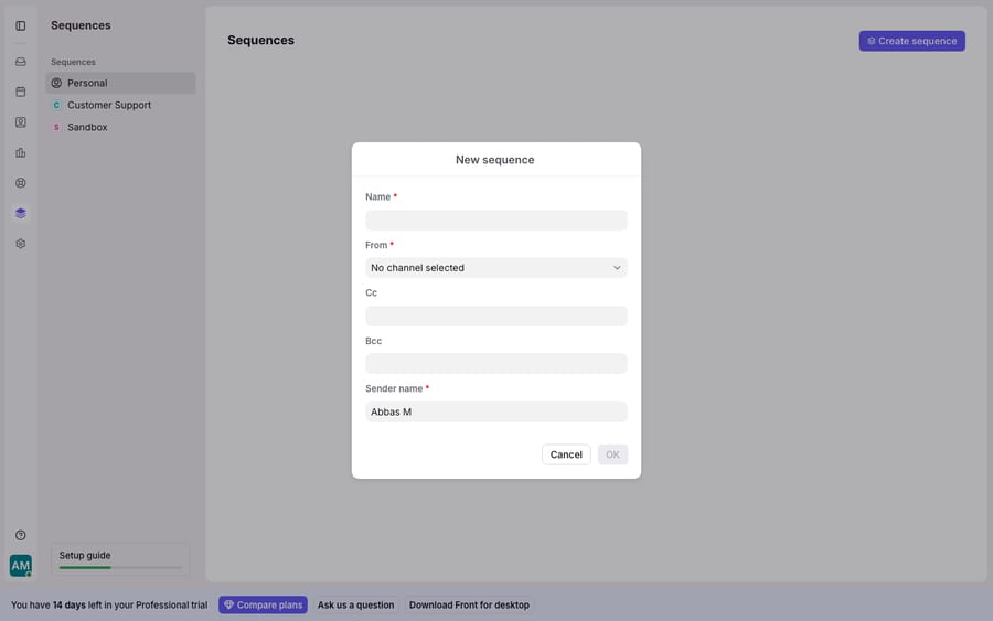 The New sequence setup dialog (Sequences > Create sequence), showing the required From channel, Cc/Bcc, and Sender name fields. This is the real reachable sequence-configuration surface. Note: the From-channel picker returned 'No results' because no channel on this trial is eligible for sequences (the shared Gmail inbox can't be used as a sequence sender), so the full step builder with stop-on-reply/scheduling settings is gated and could not be reached - captured honestly at the setup step.