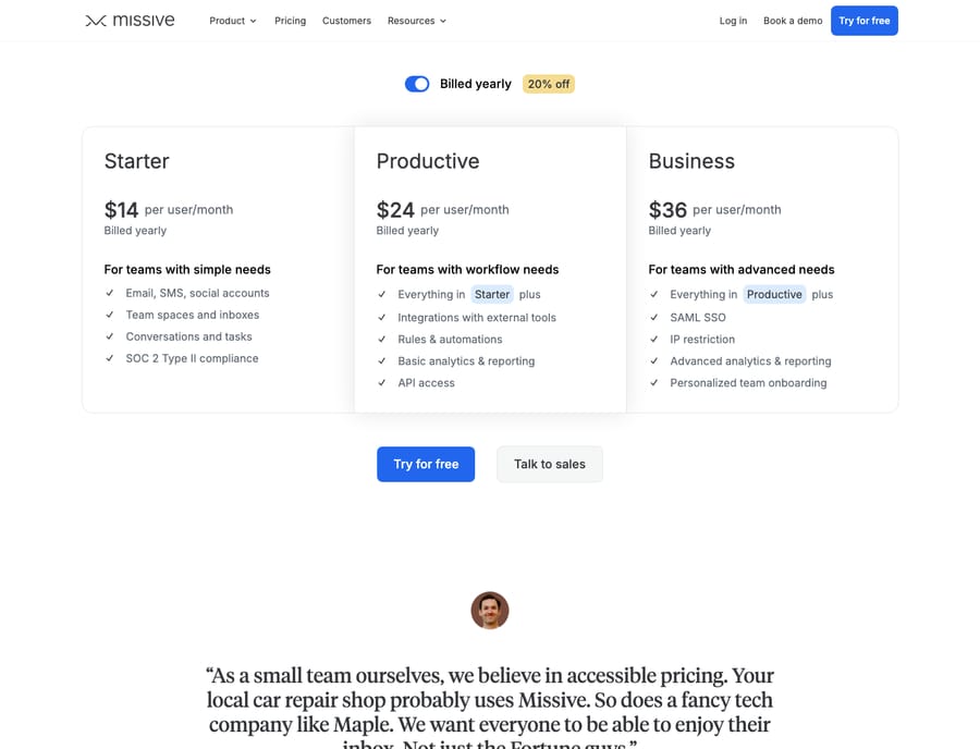 Missive pricing page (missiveapp.com/pricing) as of capture: Starter $14, Productive $24, Business $36 per user/month billed yearly (20% off).