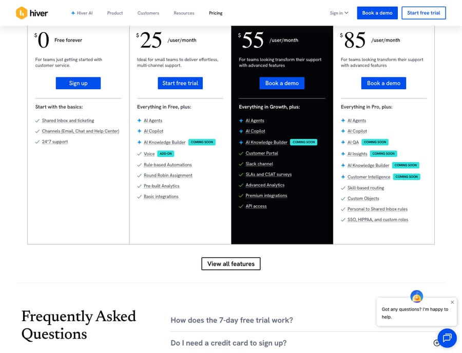Hiver pricing page (hiverhq.com/pricing) as of capture: Free $0, Growth $25, Pro $55, Elite $85 per user/month; AI Agents, AI Copilot and add-ons layered across paid tiers.