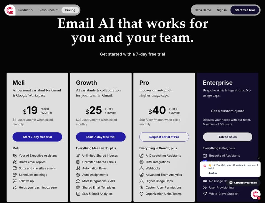 Gmelius pricing page (gmelius.com/pricing) as of capture: Meli $19, Growth $25, Pro $40 per user/month billed monthly, plus a custom-quote Enterprise tier.